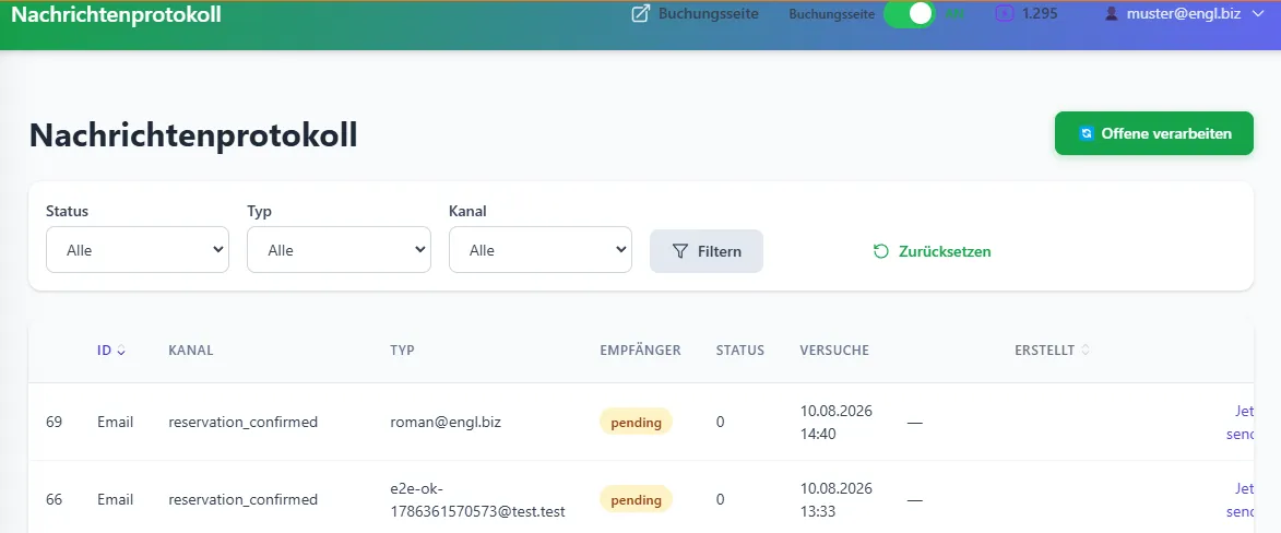 Screenshot der Reservierungsplattform 14